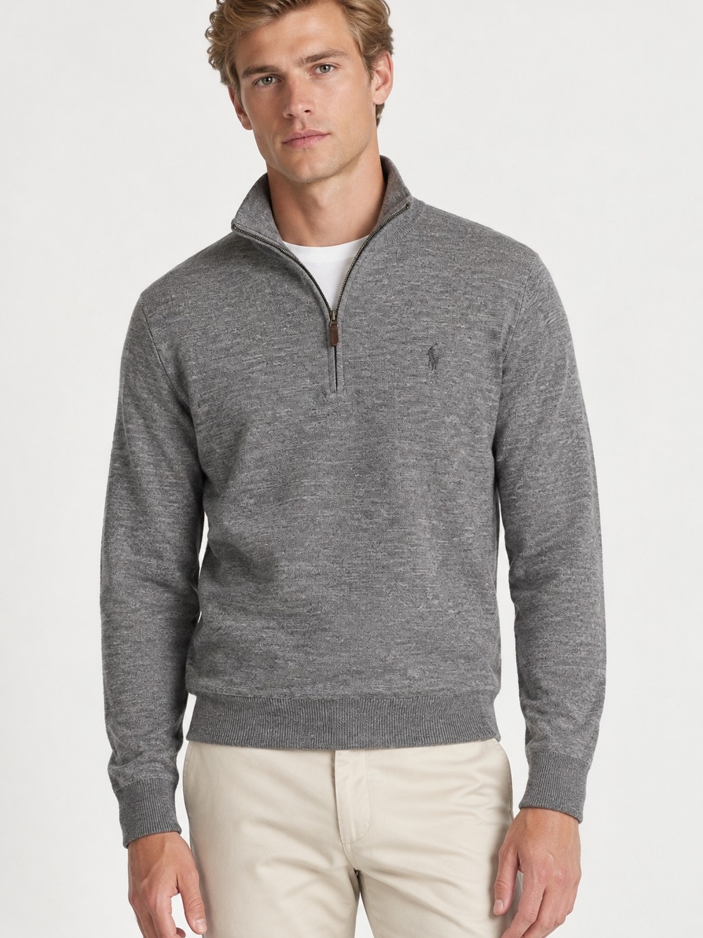 Polo Ralph Lauren Men's Gray Mock Neck Sweater Quarter-Zip Pullover Preppy Fall